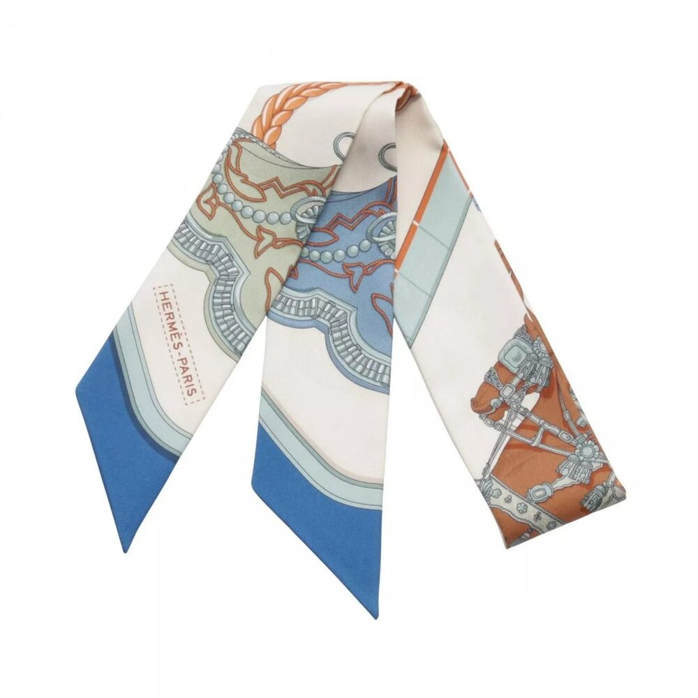 HERMES Twilly GRAND APPARAT Scarf silk Beige Blue Multicolor Used Women